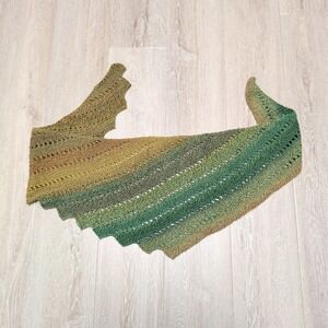Handmade Knit Asymmetric Dragon Tail Scarf Shawl Green Ombre Eyelet Scallop